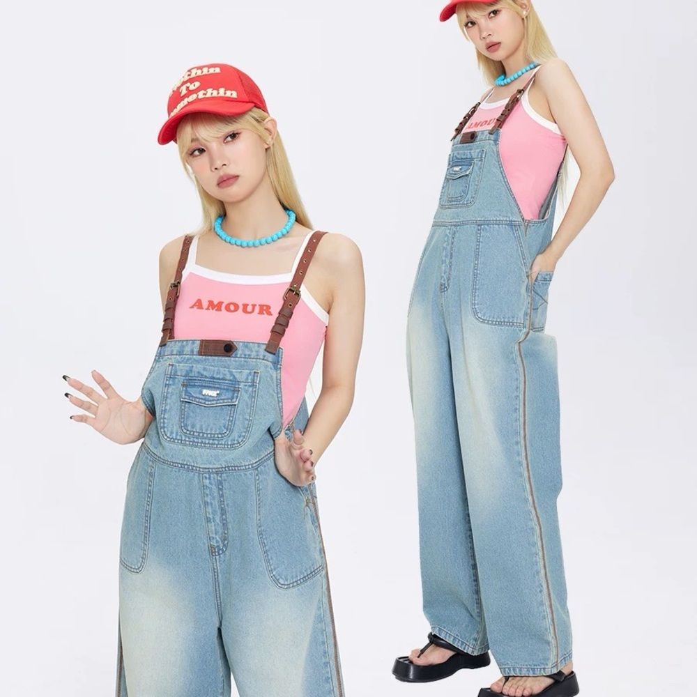 Free People Denim Overalls with Brown Straps